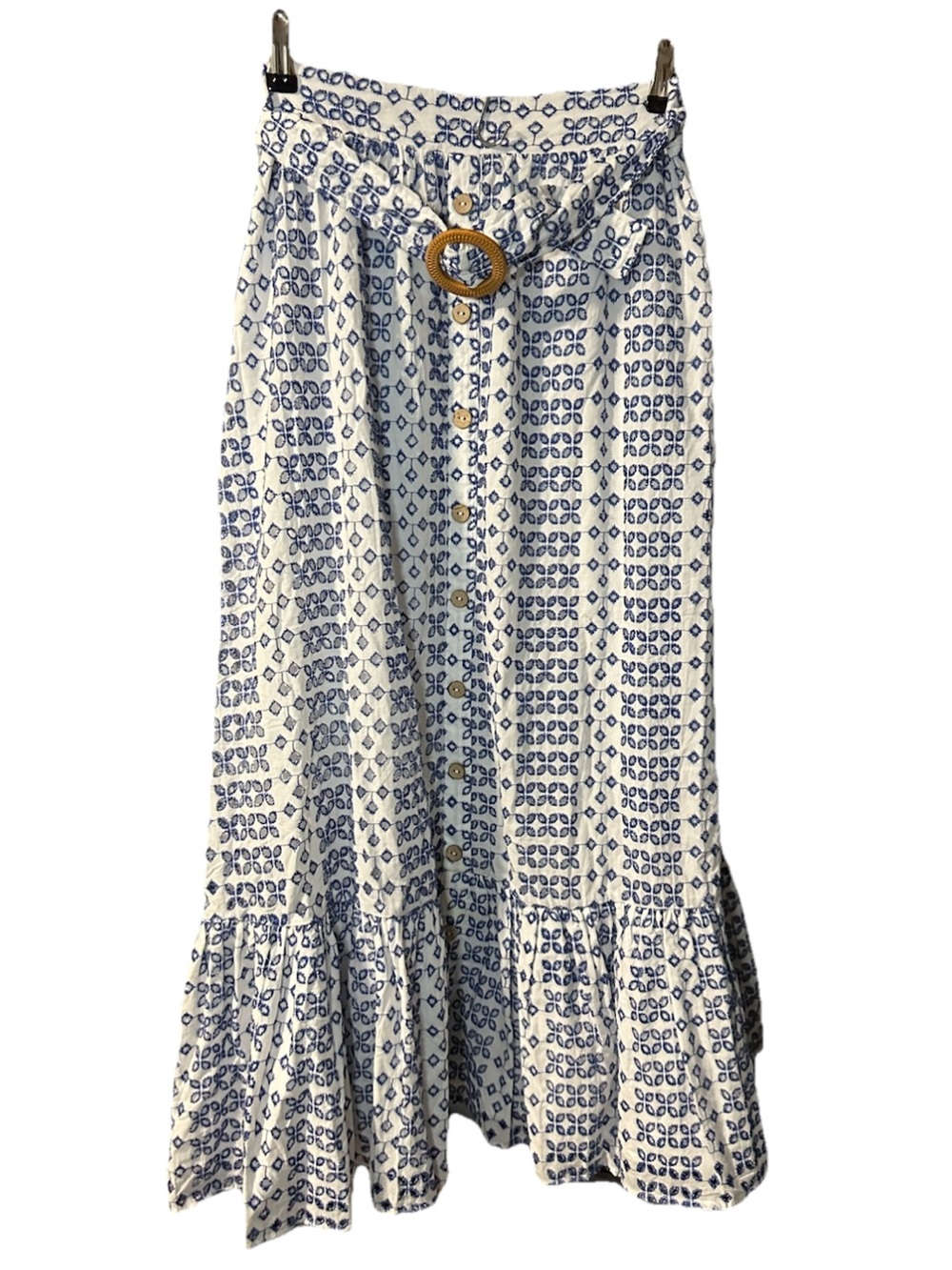 Farmers Market Printed Maxi Skirt with Belt NWT Blue White Size L
